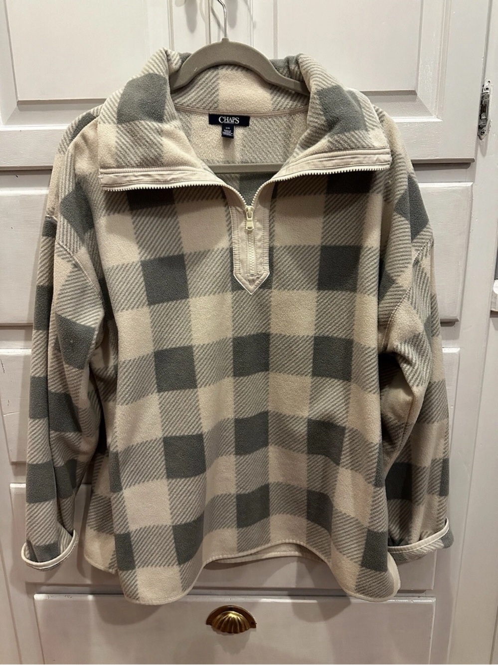 Girl’s quarter zip Cream And Gray Checked Fleece jacket by Chaps L